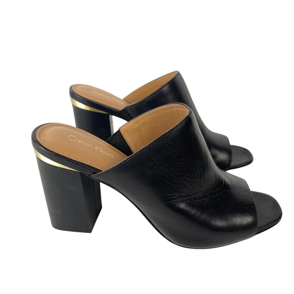 Calvin Klein Cicelle Studded Leather Peep-Toe Mules Heels Black Gold Size 9.5M